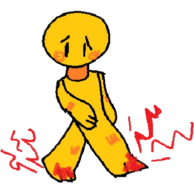 a yellow person with an uncomfortable expression walking. on their feet are red blotches and surrounding their feet are red lightning bolts, representing pain